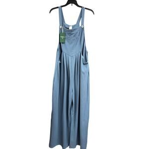 Halara Waffle Pleated Overalls Buttons & Pockets Blue Women's Large Reg NWT